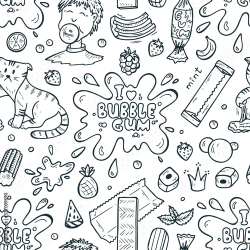 Bubble Gum Seamless pattern. Hand Drawn Doodle Chewing Gums. I love bubble gum. Sweets.Black and White Vector illustration 