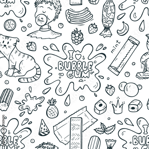 Bubble Gum Seamless pattern. Hand Drawn Doodle Chewing Gums. I love bubble gum. Sweets.Black and White Vector illustration
