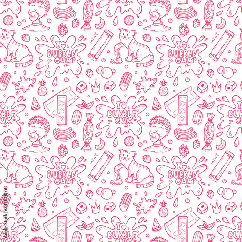 Bubble Gum Seamless pattern. Hand Drawn Doodle Chewing Gums. I love bubble gum. Sweets.Pink Vector illustration
