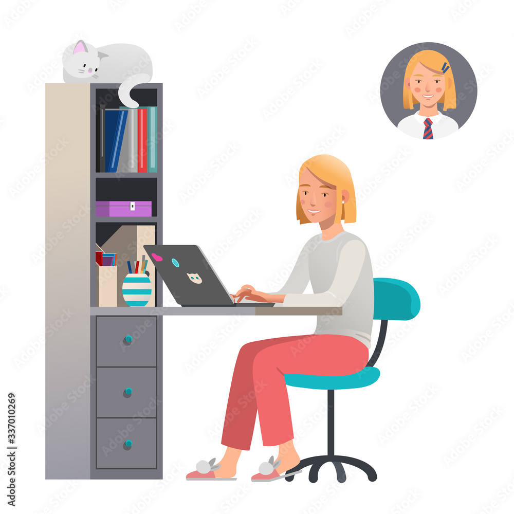 Smiling girl studying at home. Home education for school children. Isolated background. Vector illustration Smiling girl studying at home. Home education for school children. Isolated background. Vector illustration
