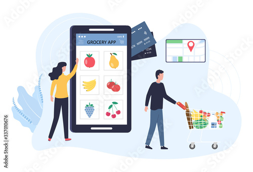 Online grocery application concept. A young family buys food over the Internet. A man rolls a grocery cart, a woman makes an order in a smartphone. Vector illustration on a white background