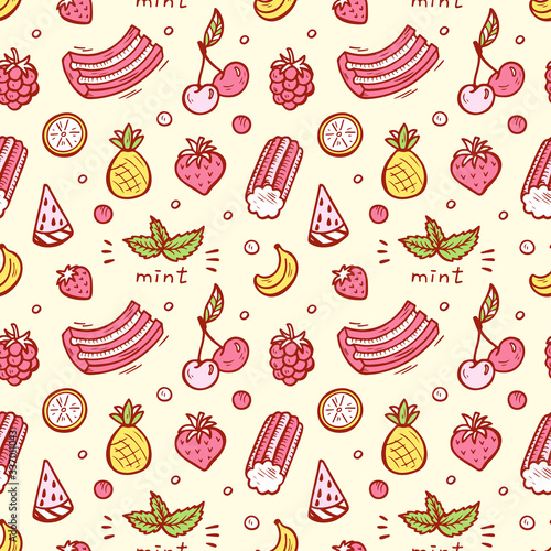 Sweets. Bubble Gum, Fruits, Berries Seamless pattern. Hand Drawn Doodle Chewing Gums. Vector illustration

