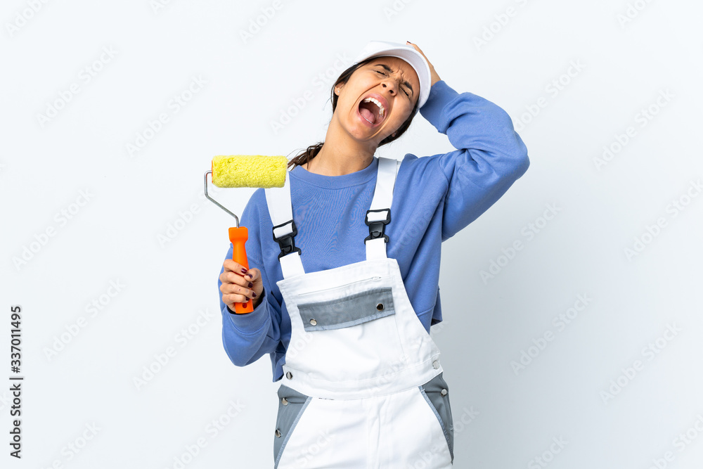 Painter woman over isolated white background stressed overwhelmed