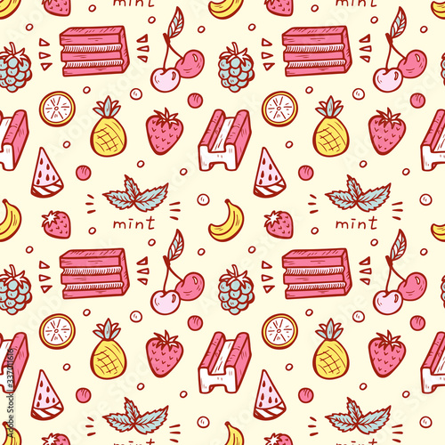 Sweets. Berries, Fruits and Bubble Gums Seamless pattern. Hand Drawn Doodle Chewing Gum. Vector illustration