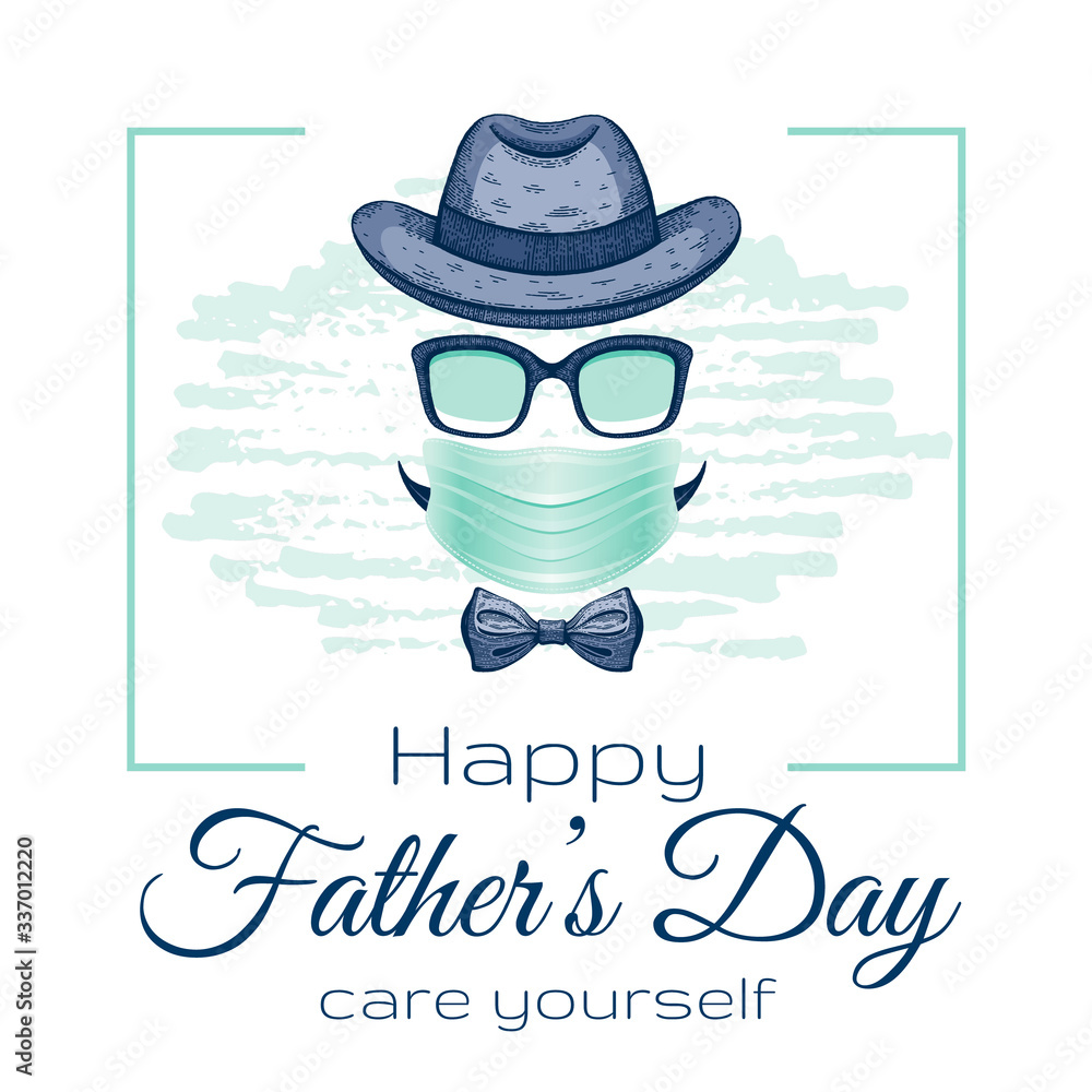 Vetor do Stock: Happy Father s day card with vintage Dad face in surgical  mask for coronavirus covid protection with slogan Care yourself. Cool  sketch drawing with elegant typography. Isolated on white