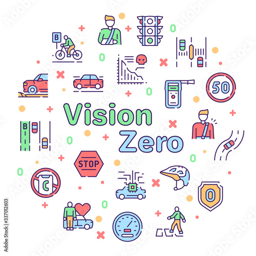 Vector color line icon round set of Vision Zero