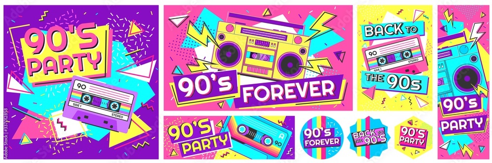 Retro 90s music party poster. Back to the 90s, nineties forever banner and retro funky pop radio badge vector illustration set. Music cassette 90s, trendy sound flyer