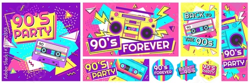 Retro 90s music party poster. Back to the 90s  nineties forever banner and retro funky pop radio badge vector illustration set. Music cassette 90s  trendy sound flyer