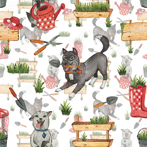 Pattern with watercolor dogs and garden elements . Gardening Tools. Watercolor illustration. Lovely dogs.