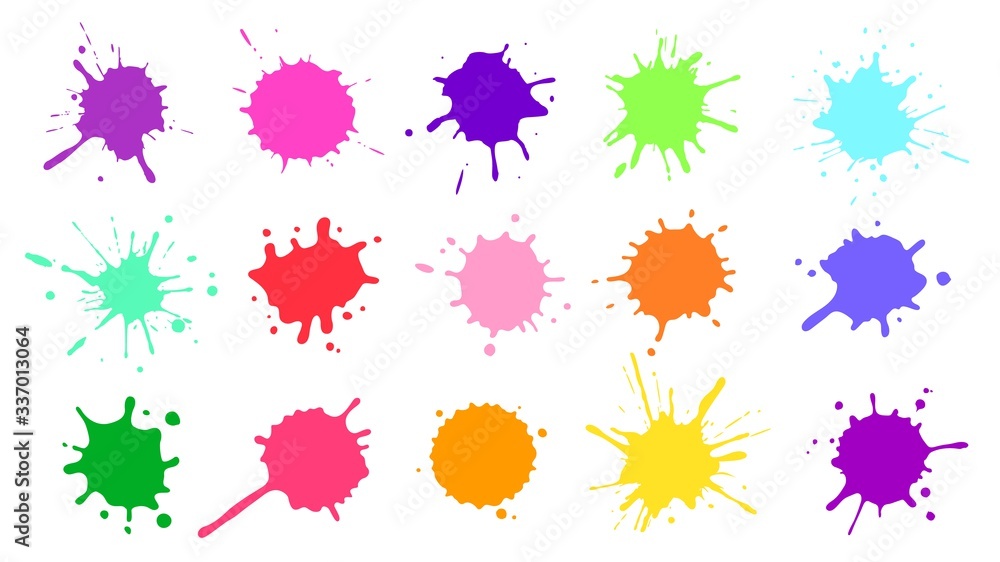 Color paint splatter. Colorful ink stains, abstract paints splashes and wet splats. Watercolor or slime stain vector set. Colorfull stain and splash, splat messy, inkblot splashing illustration - obrazy, fototapety, plakaty 