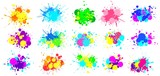 Color splatter. Colorful paint splash, bright painted drip drops and abstract colors splashes vector graphic set. Illustration drop splatter paint, stain splash dirty, colorful splat