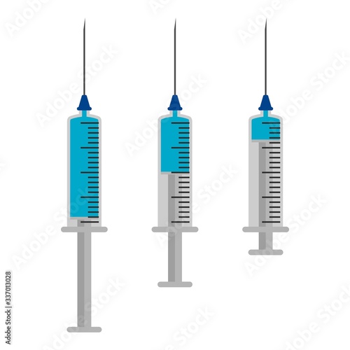 Medical syringe icon set isolated on white background. Syringes are filled with a solution of vaccine. Vector illustration
