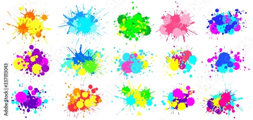 Color splatter. Colorful paint splash, bright painted drip drops and abstract colors splashes vector graphic set. Illustration drop splatter paint, stain splash dirty, colorful splat