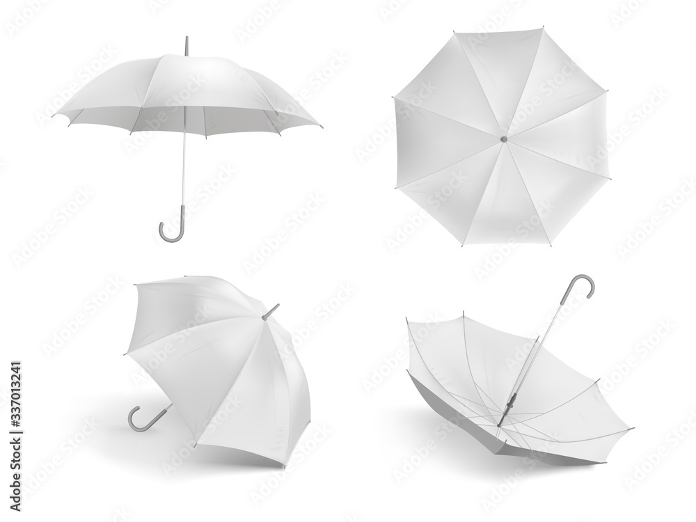 Realistic white umbrella mockup. Blank open fabric parasol, outdoor weather waterproof umbrellas vector template set. Closeup realistic parasol, mock-up umbrella illustration - obrazy, fototapety, plakaty 