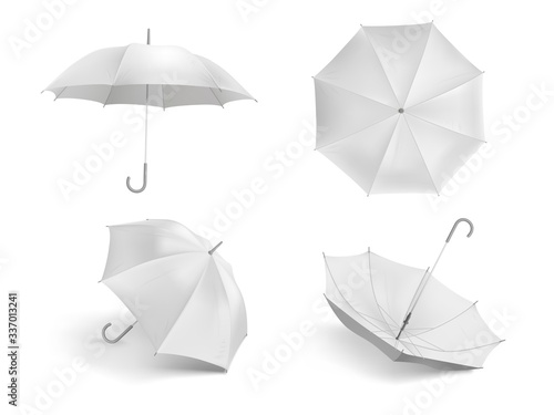 Realistic white umbrella mockup. Blank open fabric parasol, outdoor weather waterproof umbrellas vector template set. Closeup realistic parasol, mock-up umbrella illustration photo