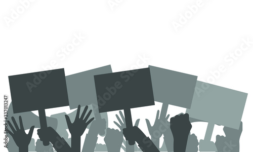 Protest. A crowd of people with banners, a megaphone, dissatisfied during the riot, show their fists, isolated on a white background. Vector stock illustration.
