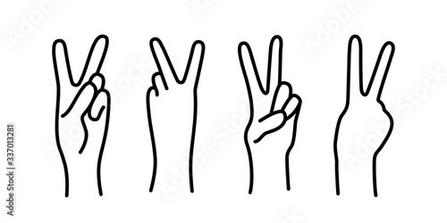 Peace sign. Victory sign. Hand gesture The V symbol of peace. Korean finger symbol for victory. Vector illustration on white background. Hand drawn design for print greeting cards, banner, poster