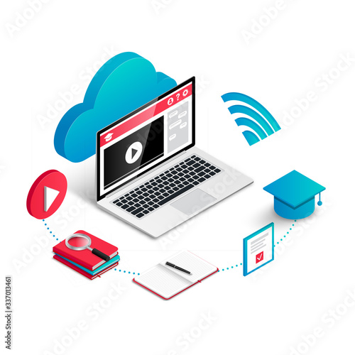 Online education process isometric concept. 3d symbol video lesson, research of material, practice, exam and graduation. E-learning, training courses, online school and university vector illustration