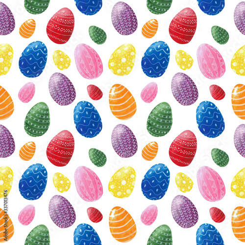 Seamless pattern with easter colored eggs with white ornament. Watercolor gouache hand drawn illustration in cartoon realistic style. Home art preparing for spring holiday, colorful.