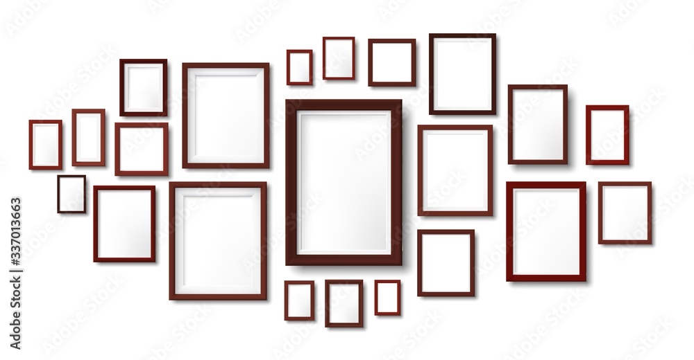Dark wooden frames composition mockup. Photo frame hanging on wall, pictures grid and wood borders vector illustration template. Frame exhibition photo, framework empty on wall Dark wooden frames composition mockup. Photo frame hanging on wall, pictures grid and wood borders vector illustration template. Frame exhibition photo, framework empty on wall