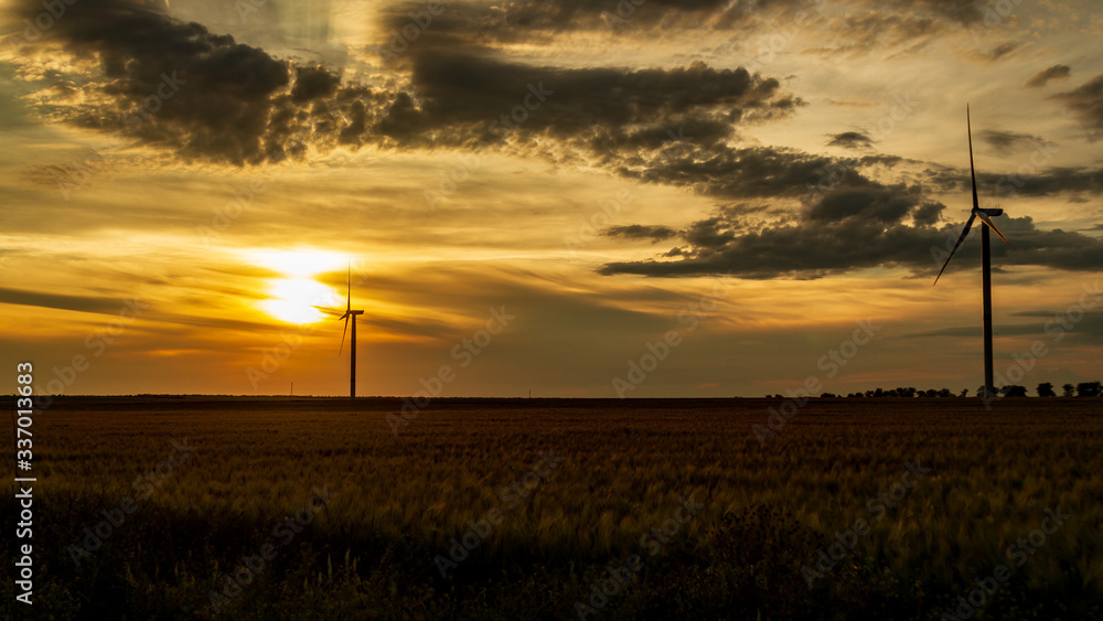 Obraz premium wind generator in grass field at sunset
