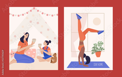 Quarantine, stay at home concept illustration. Mother and daughter girl play in children room. Girl practicing yoga, enjoying meditation.Stay home on quarantine time during the Coronavirus epidemic.