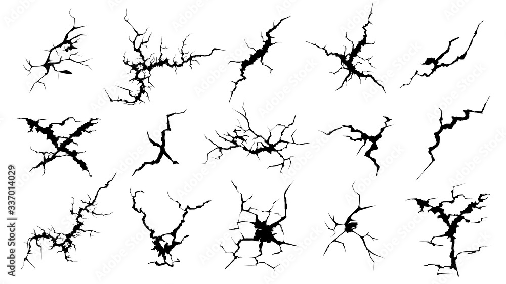 Cracks silhouettes. Hand drawn cracked screen glass, damaged surface and egg surface black crack vector set. Silhouette damaged textured, grunge surface ground illustration Cracks silhouettes. Hand drawn cracked screen glass, damaged surface and egg surface black crack vector set. Silhouette damaged textured, grunge surface ground illustration