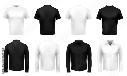 Realistic t-shirt and shirt mockup. Formal male uniform, black wearing and white shirts. Realistic 3D clothes vector template set. Illustration shirt with sleeve, front tshirt realistic
