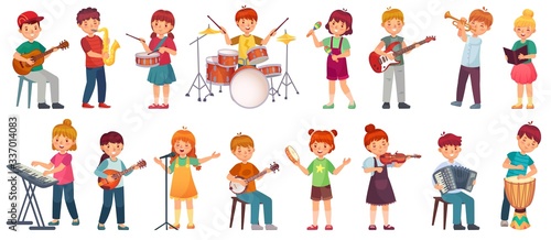 Cartoon kids play music. Talented kid playing on musical instrument, music school lessons. Young singer, children musician vector illustration set. Musician with microphone, music education