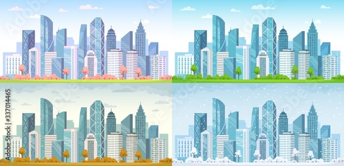 Urban city seasons. Spring town, summer, autumn urban panorama and cold winter cityscape vector background illustration set. City urban spring season, outdoor landscape summer