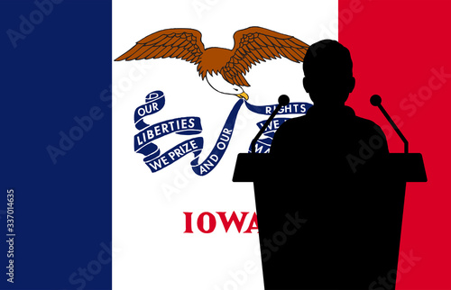 Iowa USA Flag Background Man Speaks. Business Man Presentation Conference Concept. photo