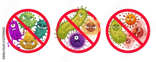 Bacteria in prohibition sign. Comic crossed out microbes and viruses, bacterial protection and disinfection caution icon cartoon vector illustration set. Stop infection, epidemic and flu prohibition