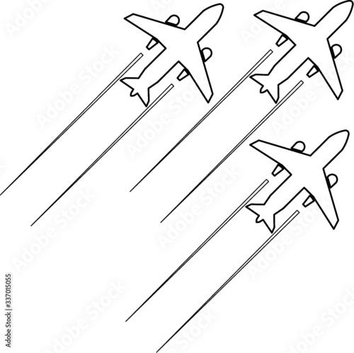 The graphic image of the flying aeroplane was drawn in CAD drawing. Single line drawing in black and white.   
