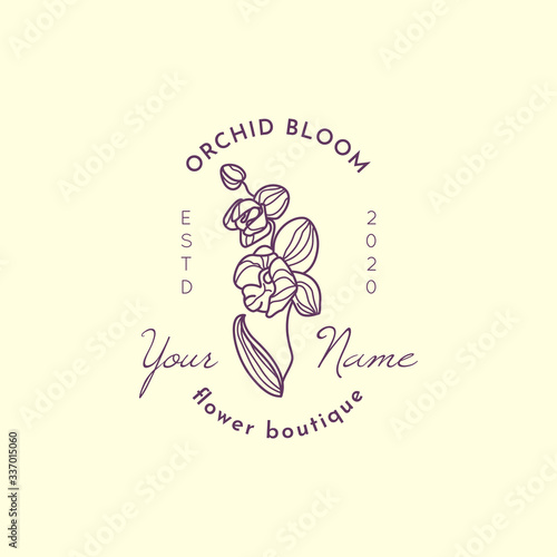 Orchid logo design template in simple minimal linear style. Vector floral emblem and icon for flower shop.