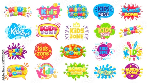 Kids zone badges. Kid play room label, colorful game area banner and funny badge vector set. Play zone area for child, children room emblem illustration