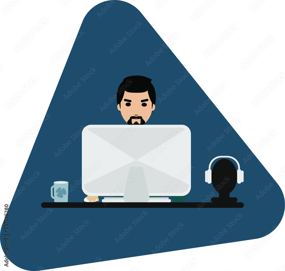 Cartoon illustration of a man working at his computer
