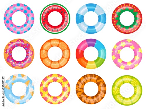Rubber swimming ring. Pink lifesaver, summer swimming pool floating rings. Rainbow rescue ring top view cartoon vector illustration set. Ring rubber equipment, lifesaver for pool or sea