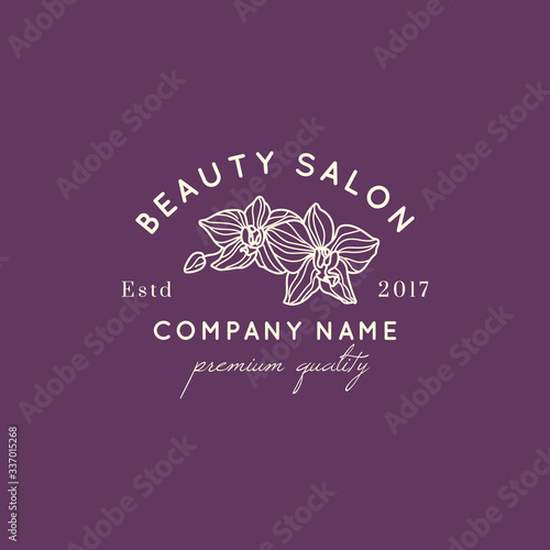 Orchid logo design template in simple minimal linear style. Vector floral emblem and icon for Beauty Salon, SPA.