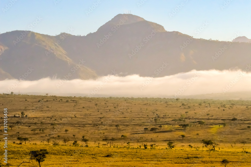 Rise of mist on the savanna and mountains