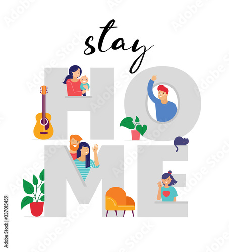 Stay at home, concept design. Different types of people look out and communicate with their neighbors during COVID-19 outbreak. Self isolation, quarantine during coronavirus epidemic. Vector flat