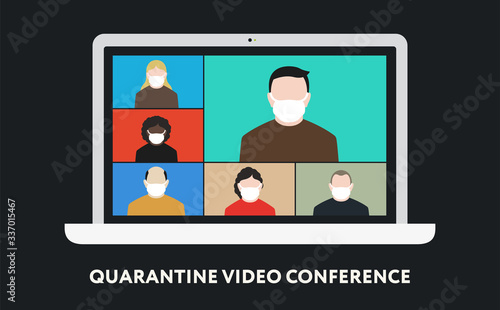 Quarantine Coronavirus. Video Conference Call. Group of People Face Mask Talking on Computer Laptop Screen Web Camera. Stay Home Quarantine. 