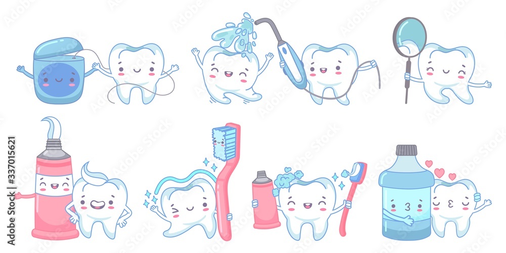 Cartoon dental care. Teeth cleaning with toothpaste and toothbrush. Dental water jet, floss and mouth rinse with tooth mascot vector illustration set. Rinse mouth, health teeth, paste and toothbrush Cartoon dental care. Teeth cleaning with toothpaste and toothbrush. Dental water jet, floss and mouth rinse with tooth mascot vector illustration set. Rinse mouth, health teeth, paste and toothbrush