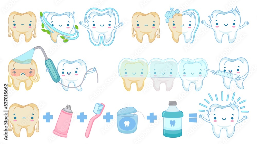 Obraz premium Cartoon teeth whitening. White clean tooth mascot, tooth brushing and sad yellow teeth vector illustration set. Healthy dental whitening, smiling mouth and clean teeth