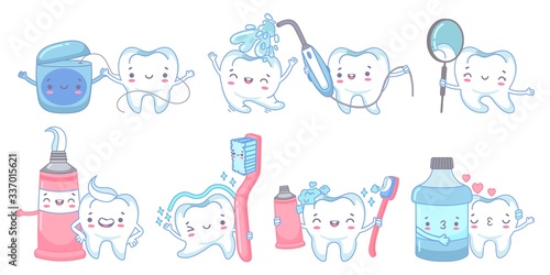 Cartoon dental care. Teeth cleaning with toothpaste and toothbrush. Dental water jet, floss and mouth rinse with tooth mascot vector illustration set. Rinse mouth, health teeth, paste and toothbrush