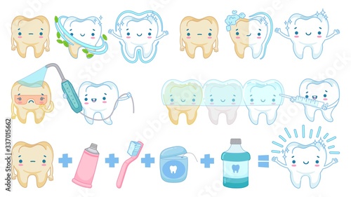 Cartoon teeth whitening. White clean tooth mascot, tooth brushing and sad yellow teeth vector illustration set. Healthy dental whitening, smiling mouth and clean teeth