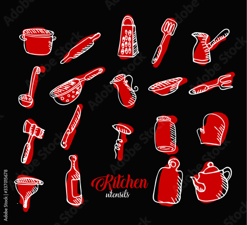 Doodle of  kitchen subjects red color on black background, chalk on a blackboard. Cooking  utensils for icons carafe, corkscrew, pan, scoop, grater, kettle, colander, coffee maker, knife, can, rocking