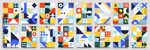 Abstract geometric backgrounds. Neo geo pattern, minimalist retro poster graphics vector illustration set. Abstract pattern trendy with square and round colored