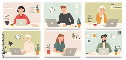 Work with laptop computer. Corporate workers, young people and seniors working with laptops vector illustration set. Senior work at laptop, job and learning online