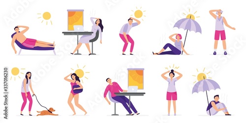 People suffer from heat. Sunstroke, summer hot weather and overheating. Sweaty people overheated in sun vector illustration set. Summer sunstroke, heatstroke and dehydration