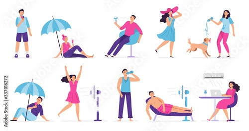 People cooling in hot weather. Rest from hot summer weather, eat ice cream and cool under fan. Siesta, air conditioning vector illustration set. Weather temperature, people cooling and conditioning